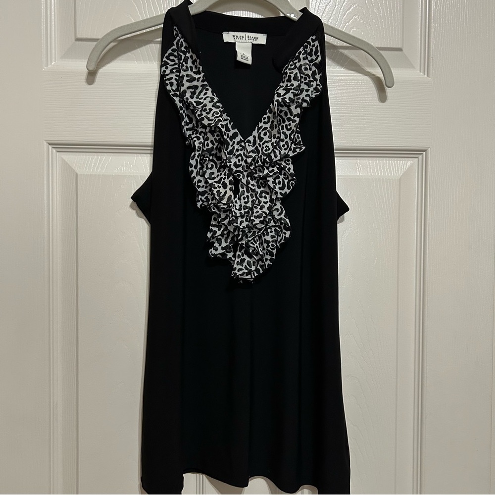 White House Black Market Black Top with Animal Print Detail